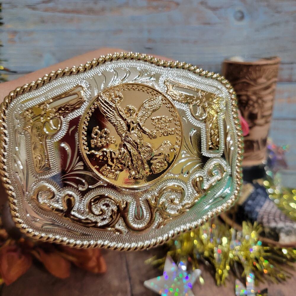 Centenario Cowboy Belt Buckle Western HebillaSilver & Rosetone Faux 50 Peso